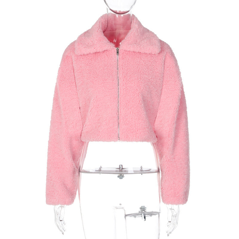 Fall Winter Plush Clothes Zip Up Pink Jacket