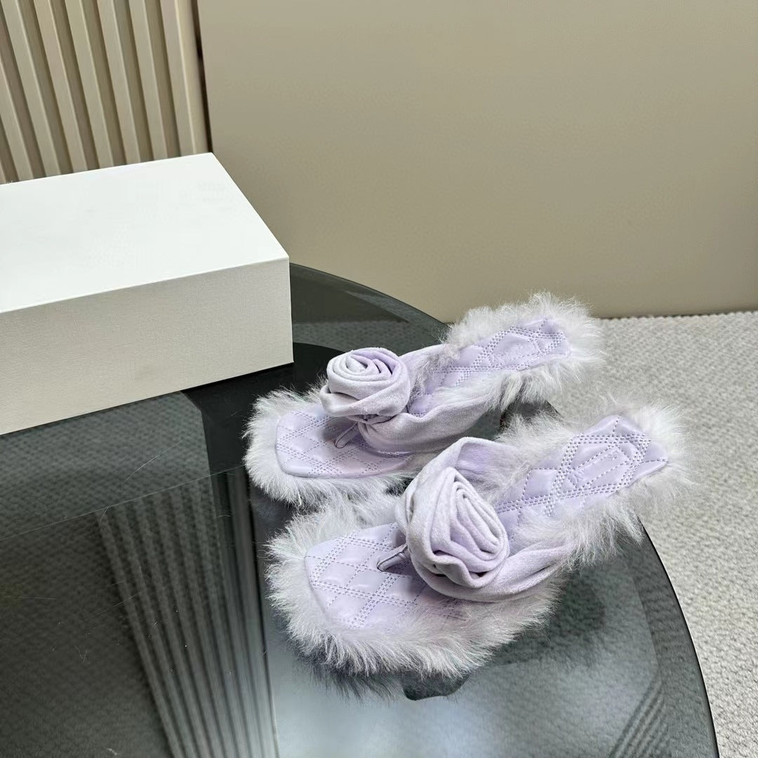 New Rose Fur Thin High Heels Slippers Women Luxury Novel Hairy Mules Slippers Summer Quality Plush Brand Party Slippers Woman